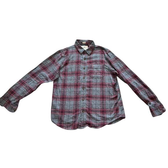 HOLLISTER Shirt Plaid Flannel Thick Cotton Stretch Button Down Men L Burgundy - Picture 1 of 4